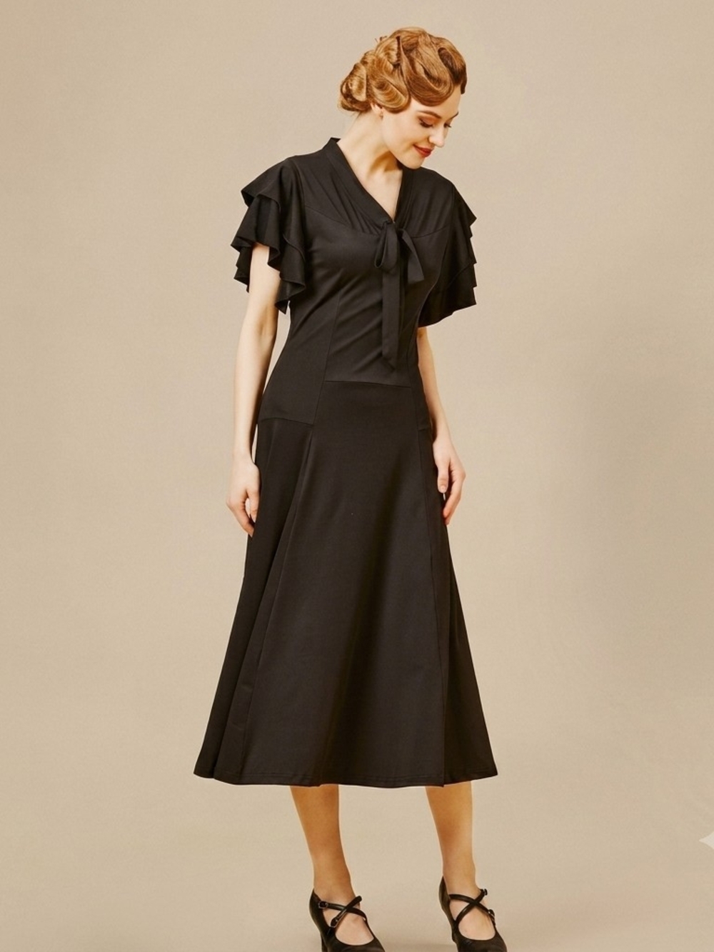 Classic Black Tie-Neck Midi Dress
